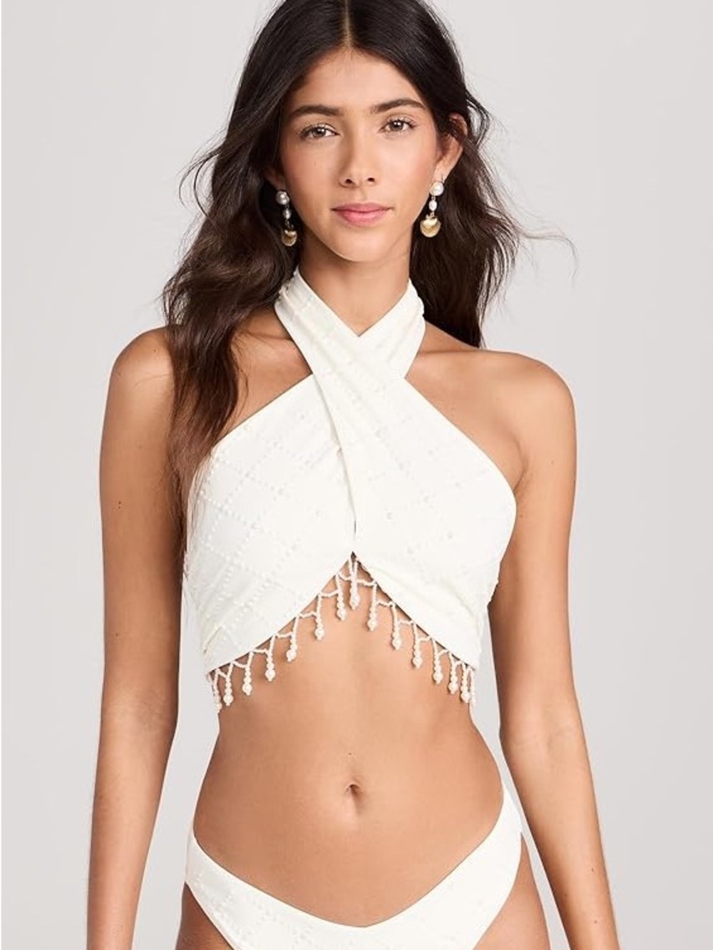 Beach Riot Pearl Fringe Cross Halter Bikini Top White L NWOT